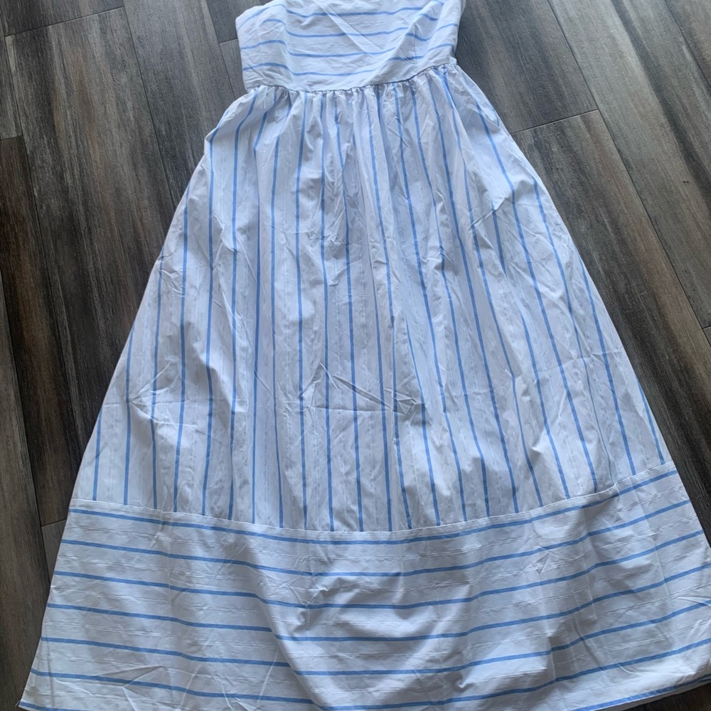 Blue and White Striped Strapless Maxi Dress